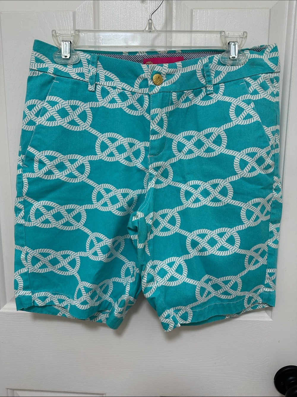 0228Macbeth Collection by Margaret Josephs Teal Rope Print Bermuda Shorts small